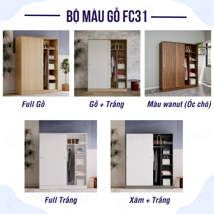 Tủ Quần Áo Gỗ Cửa Trượt Sang Trọng FIVO FC31 Nội Thất Lắp Ráp Dễ Dàng Tiện Lợi, Thiết Kế Chia Ô Tăng Diện Tích Để Đồ