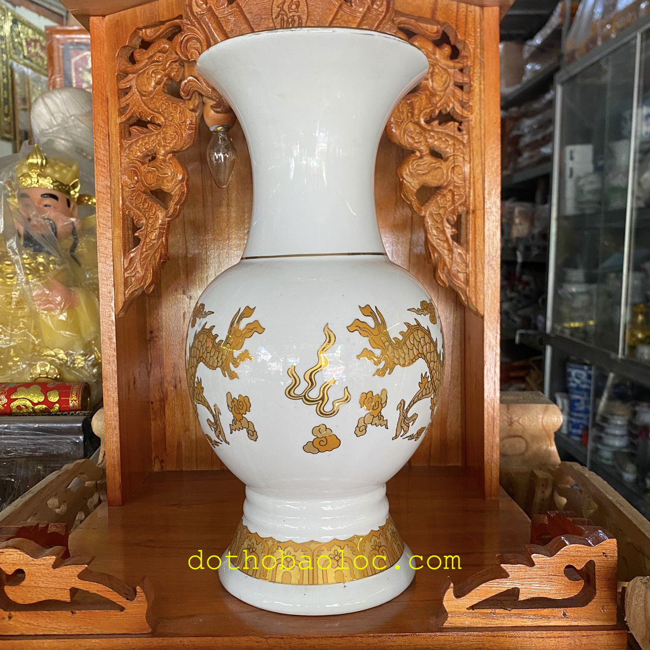Bình bông sứ trắng hình rồng vàng 3D cao cấp cao: 31.5cm