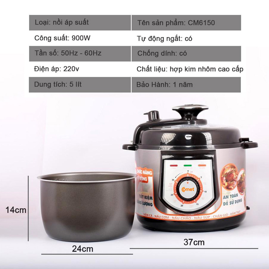 Nồi áp suất điện Comet CM6150 5 lít – 900W, 5 chế độ nấu, lòng chống dính, hàng chính hãng