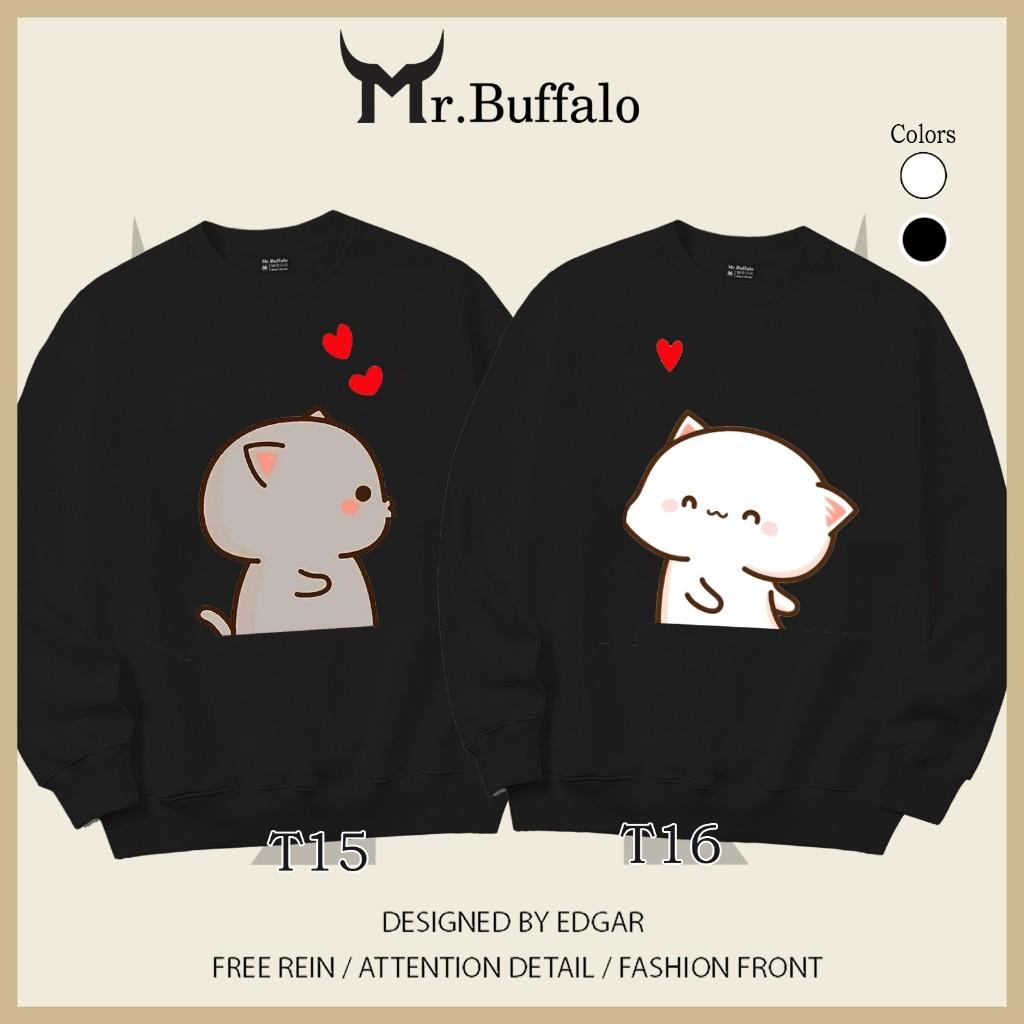 Áo Sweater cặp đôi Mèo mochi T15T16 dễ thương Mr.Buffalo - T16 - ĐEN