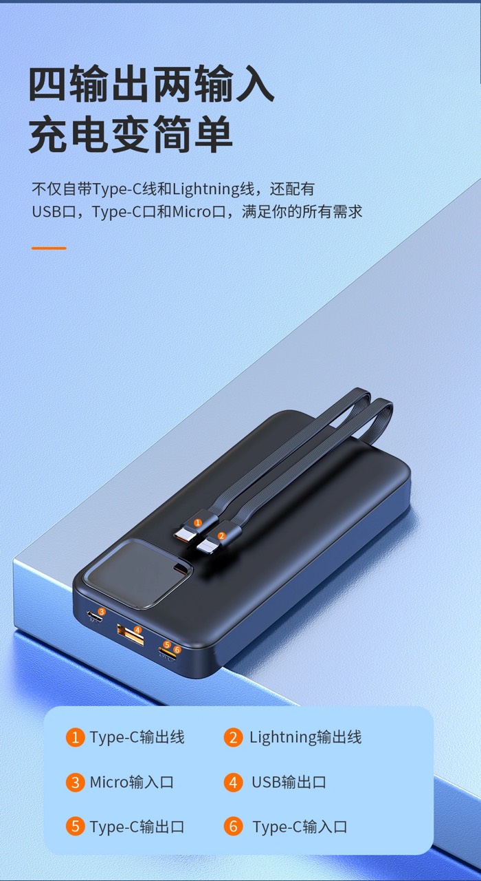 Pin dự phòng Wiwu LED Display  Built-in Cable Power Bank 20000mAh JC-22 Sạc được nhiểu thiết bị, có dây sạc type-c và lighning kèm theo - Hàng chính hãng