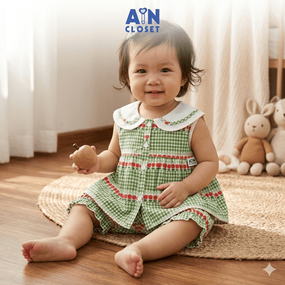 Bộ quần áo Ngắn bé gái họa tiết Tulip Greenie Cotton - AICDBG5SRRUN - AIN Closet