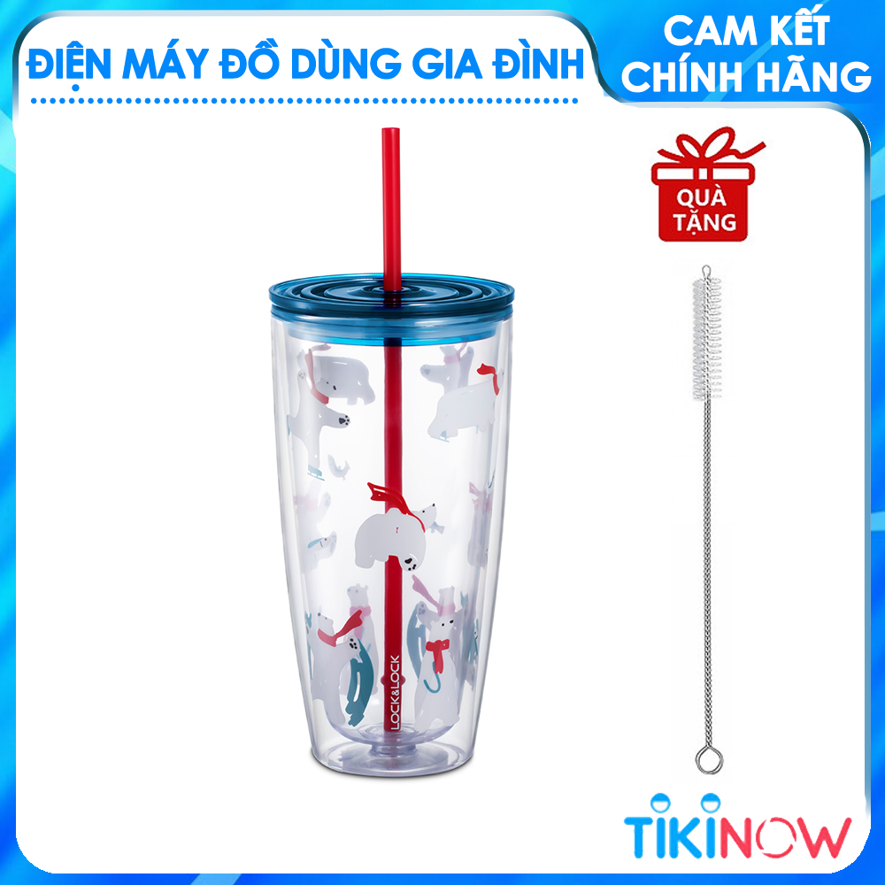 Ly nhựa 2 lớp Lock&amp;Lock HAP507 750ml - Hàng chính hãng, có ống hút, có nắp đậy - Tặng kèm cọ rửa