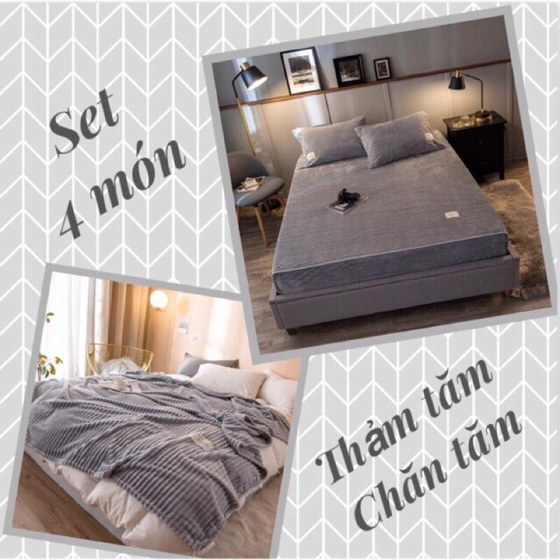 BỘ 4 MÓN CHĂN GA NỈ NHUNG TĂM HÀNG DÀY ĐẸP