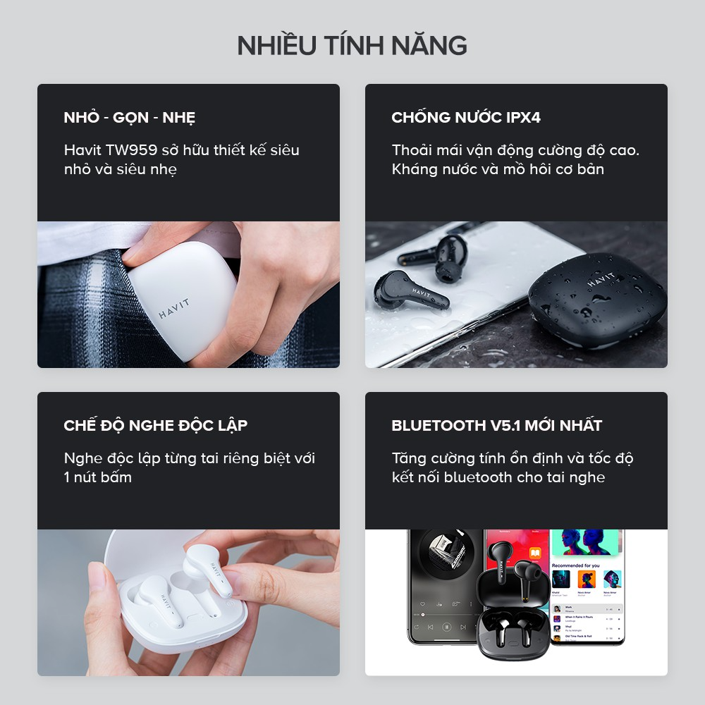 Tai nghe TWS Havit TW959, Bluetooth 5.1, Độ Trễ Tới 65ms, Nghe Độc Lập, Pin Tới 20H - Hàng Chính Hãng Dizigear