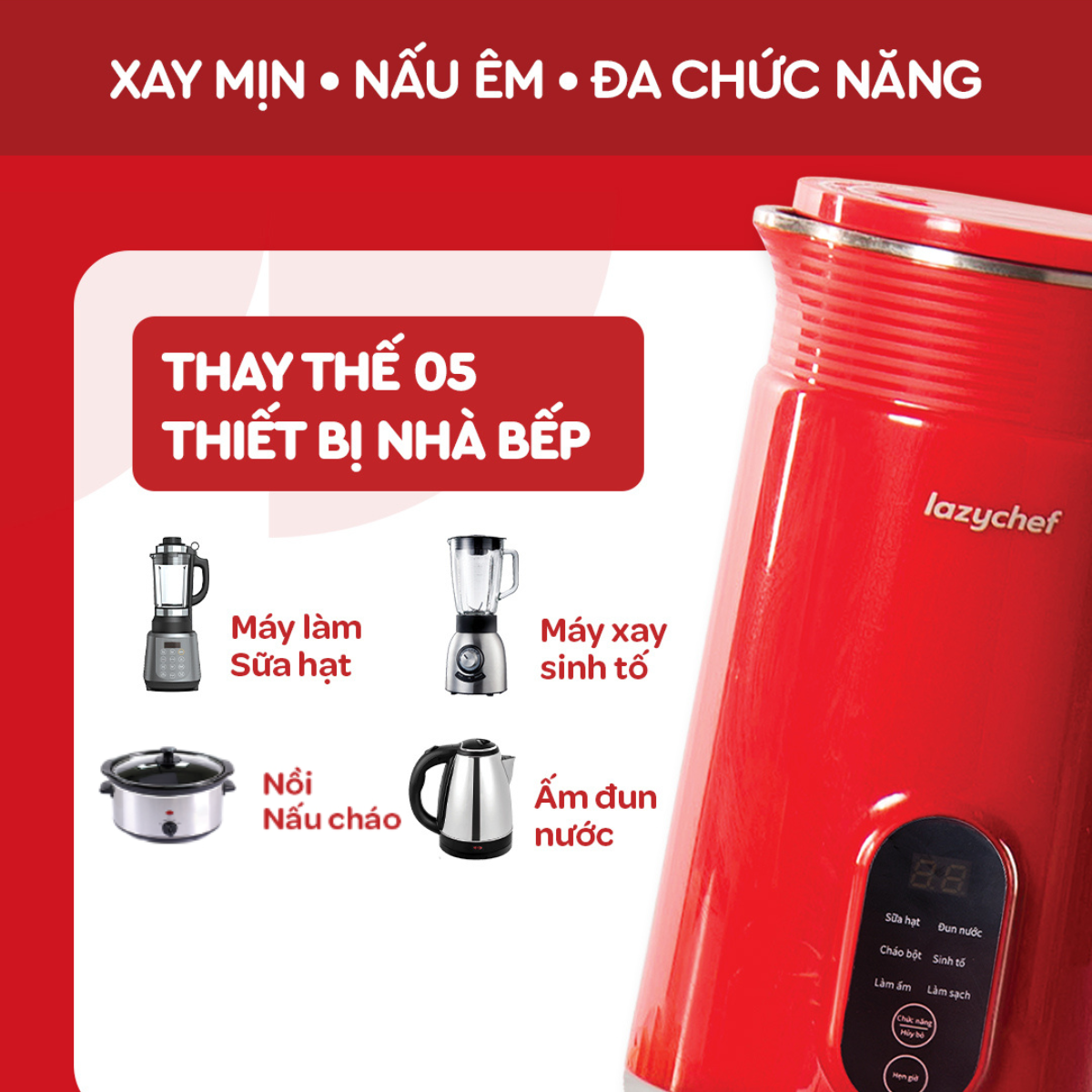 Máy Làm Sữa Hạt 5in1 Lazychef - Lô Mới 6 Lưỡi Dao Kép - Máy Xay Sinh Tố, Máy Làm Sữa Hạt - Dung Tích 800ml, Bảo Hành 12