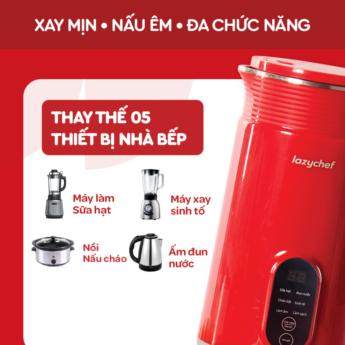 Máy Xay Nấu Đa Năng 5 In 1 Lazychef - Máy Làm Sữa Hạt, Máy Đa Năng Làm Sữa Đậu Nành,Nấu Cháo Chậm 800ml - Hàng Chính Hãng