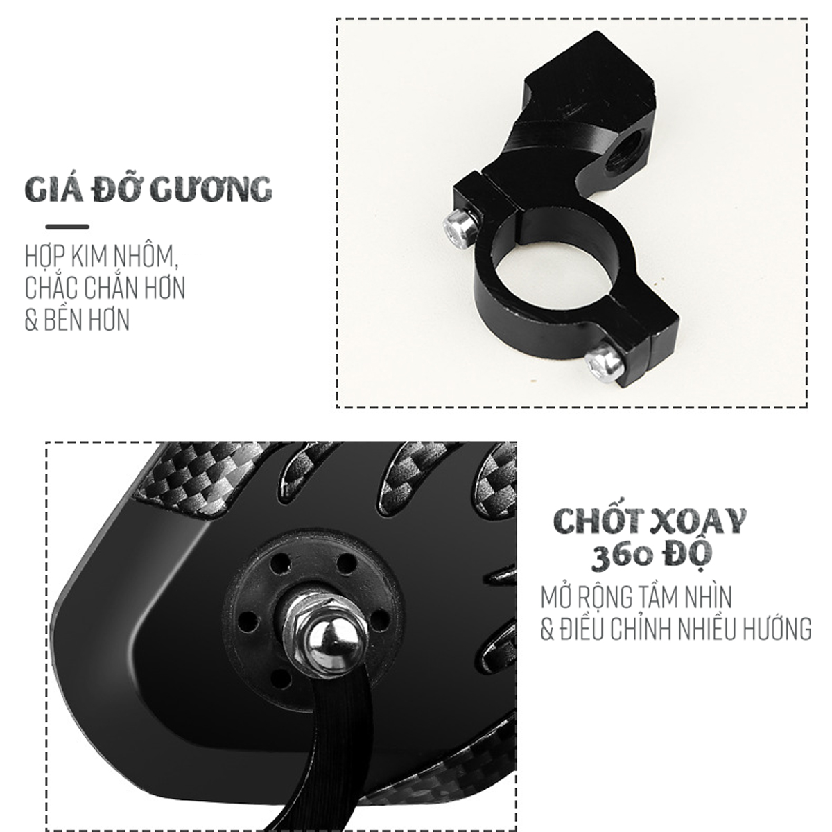 Bộ 2 Gương xe đạp, xe đạp điện cao cấp (kèm chốt gắn ghi-đông lỗ 8mm) xoay 360 độ chắc chắn, gương phẳng, góc lớn giúp đạp xe an toàn Mai Lee