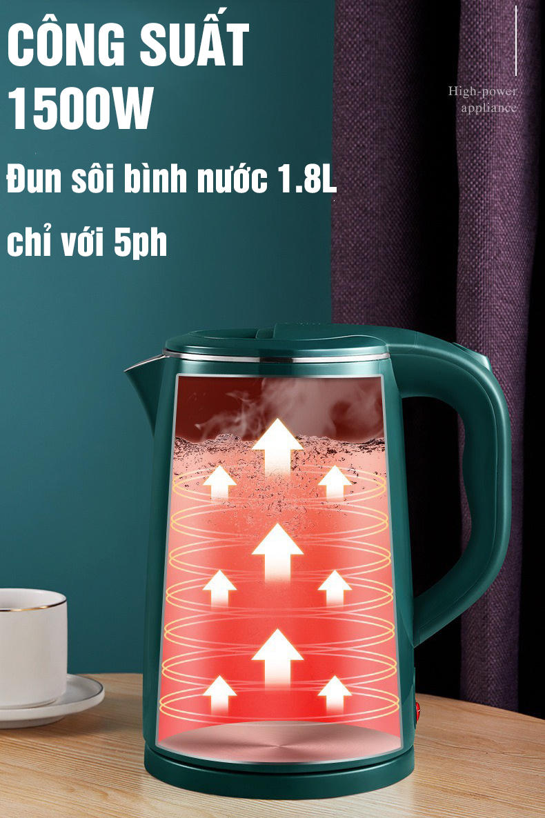 Ấm siêu tốc giữ nhiệt 2 lớp bình đun nước siêu tốc dung tích 1.8L công suất 1500W  giữ nhiệt chống nóng chống giật