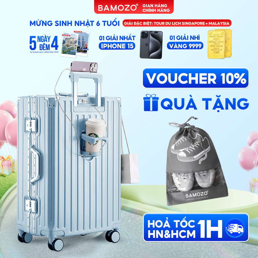 Vali khung nhôm khóa sập Bamozo 9066 size 20/24/28 inch cao cấp bịt 4 góc kim loại chống va đập bảo hành 5 năm