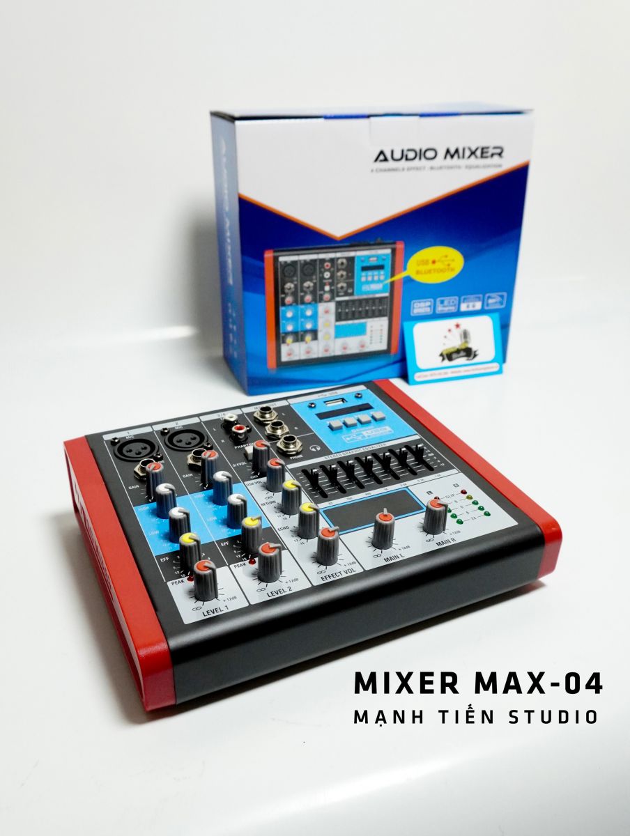 Bàn trộn âm thanh mixer max 04 - 4 kênh âm thanh nổi - Tích hợp bộ cân bằng Equalizer chuyên nghiệp - Kết nối dễ dàng với bluetooth - Mixer chuyên dùng cho loa kéo, dàn karaoke gia đình, thu âm, livestream - Hàng nhập khẩu