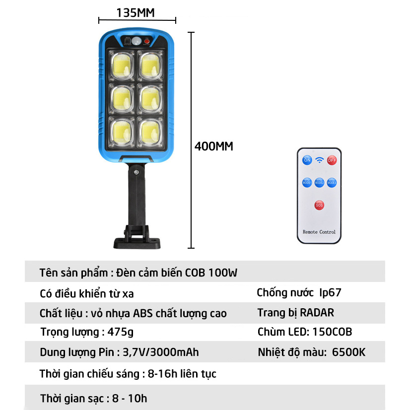 Đèn cảm biến COB 100W - Hạt đèn COB độ sáng cao, trang bị cảm biến RADAR- D1374