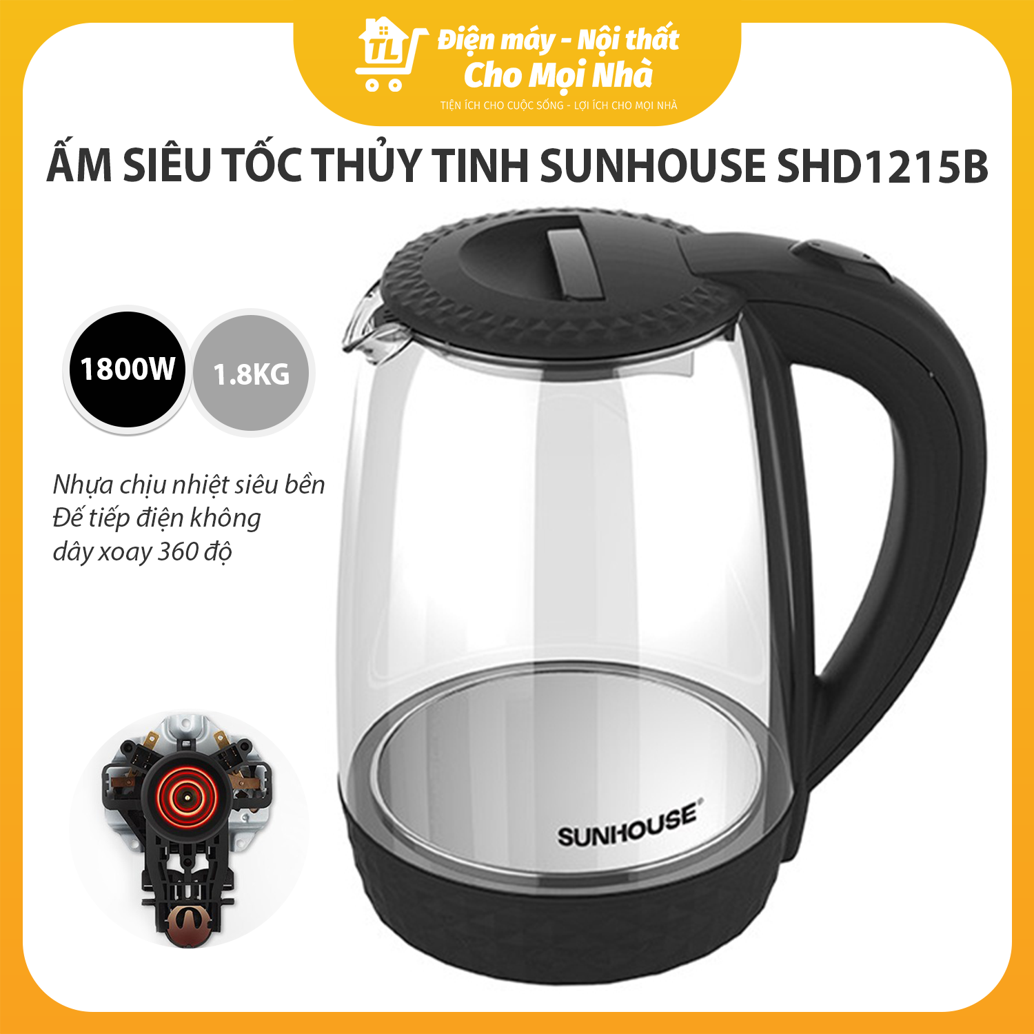 Ấm Siêu Tốc Thủy Tinh Sunhouse SHD1215B (Đen) - Hàng Chính Hãng