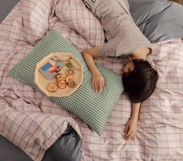 Set Cotton Living Hàng Nhập Khẩu Cao Cấp 4 Món Kẻ Hồng Tím