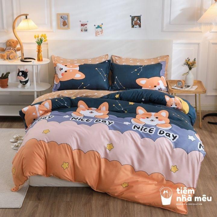 Bộ Chăn Ga Gối Cotton 80% m6/m8/2m - Full size Tiệm Nhà Mêu 2 Vỏ gối ,drap , vỏ chăn Cotton Chó Chiba Nhập Khẩu Sale