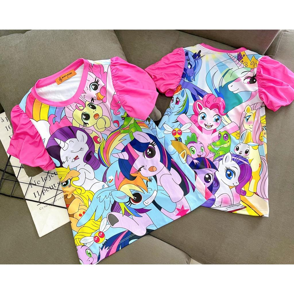 Đầm váy suông tay phồng mùa hè cho bé gái hình Hello kitty Peko Pony size 12-30kg chất cotton mềm mát