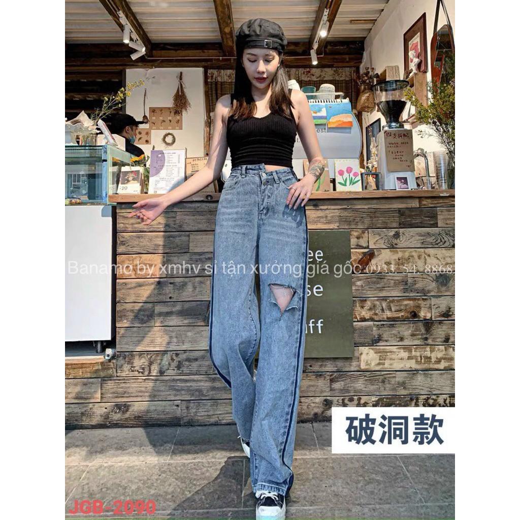 Quần JEANS nữ ống rộng lưng cao rách đùi cá tính thời trang 968