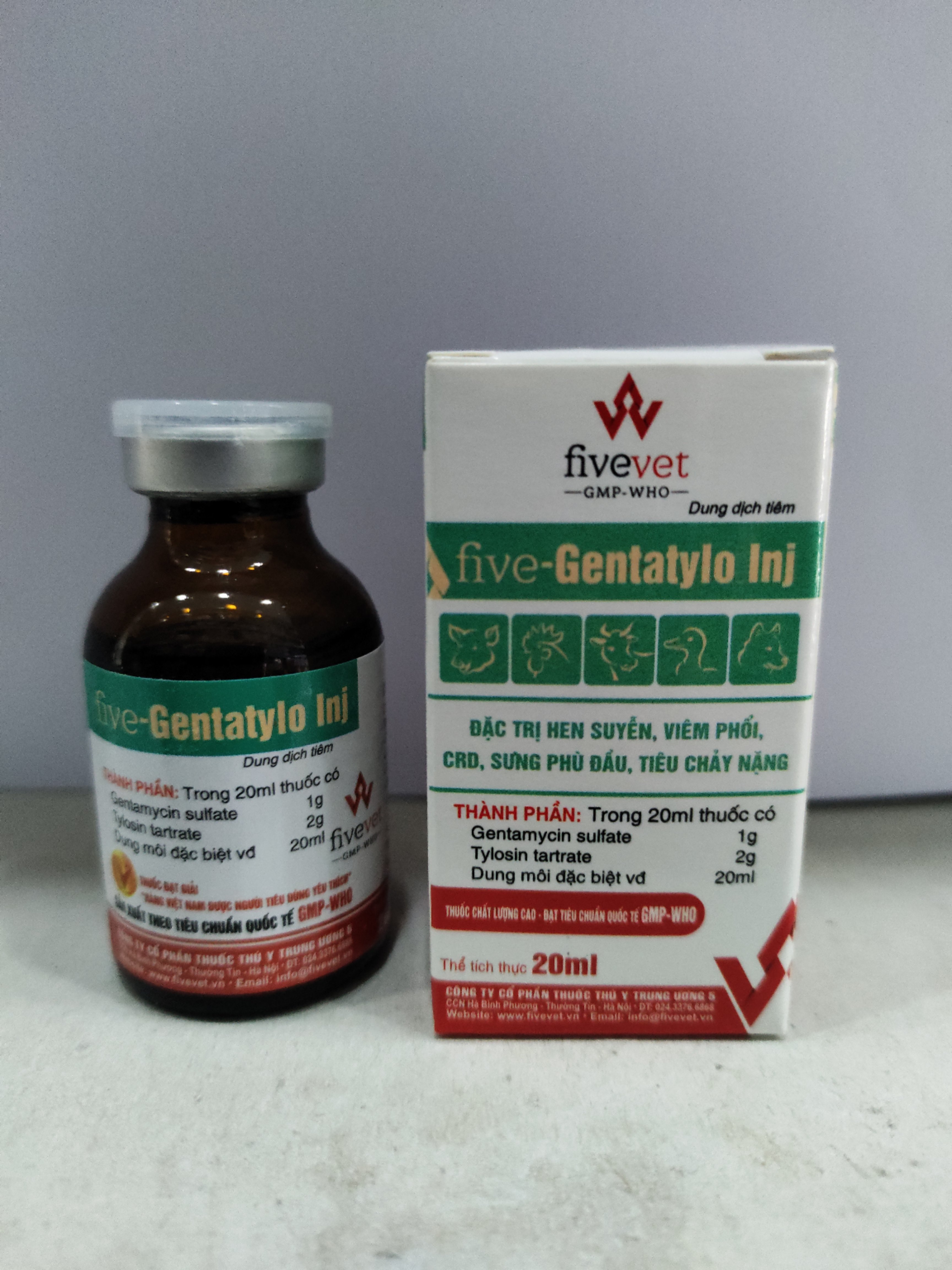 Dung dịch tiêm five -Gentatylo inj Đặc trị viêm phổi, suyễn, tụ huyết trùng, phó thương hàn,hen, khẹc , CRD, bại huyết, viêm xoang, sưng phù đầu trên gia súc gia cầm