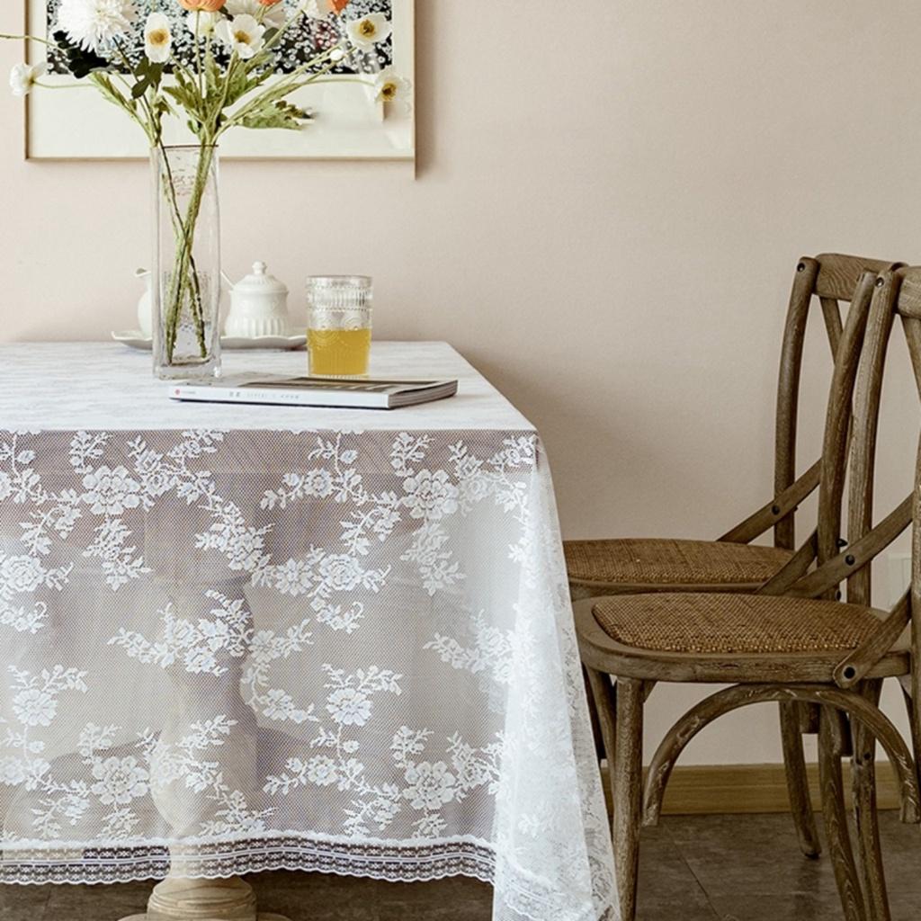 Khăn trải bàn vải voan ren hoa trắng decor nhà cửa phong cách vintage lãng mạn