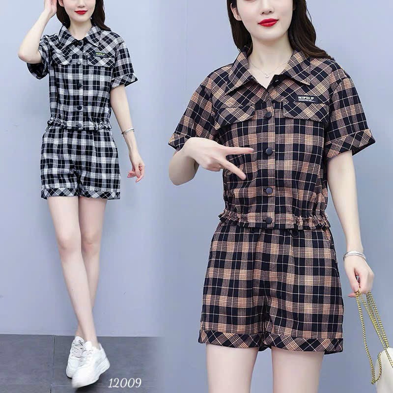 Set bộ cotton lụa dày sọc nữ quần ngắn mặc nhà dạo phố phối nâu đen trẻ trung