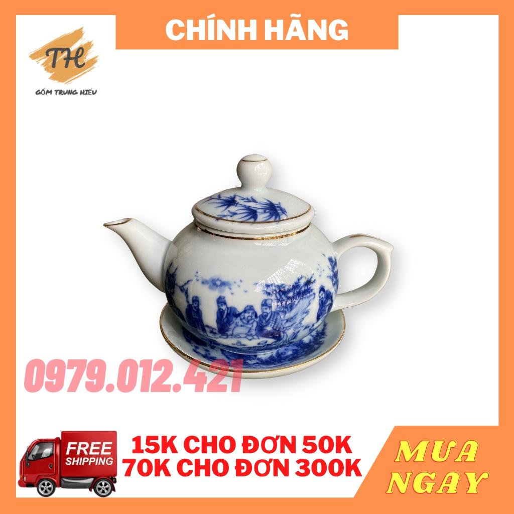 Bộ ấm chén Bát Tràng men lam Quả hồng kẻ chỉ vàng