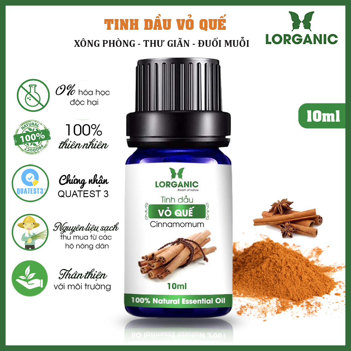 Combo 3 Tinh Dầu LORGANIC / Nhiều Mùi Hương / Xông Phòng Thư Giãn, Đuổi Muỗi / Sả Chanh, Vỏ Quế, Bạc Hà, Tràm, Cam, Vỏ Bưởi (10ml)