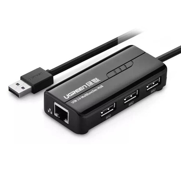 Cáp chuyển đổi USB 2.0 Sang 1*Lan RJ45 hổ trợ 100 Mbps, 3*USB 2.0 dây dài 20cm màu Đen Ugreen UNW20264CR103 hàng chính hãng