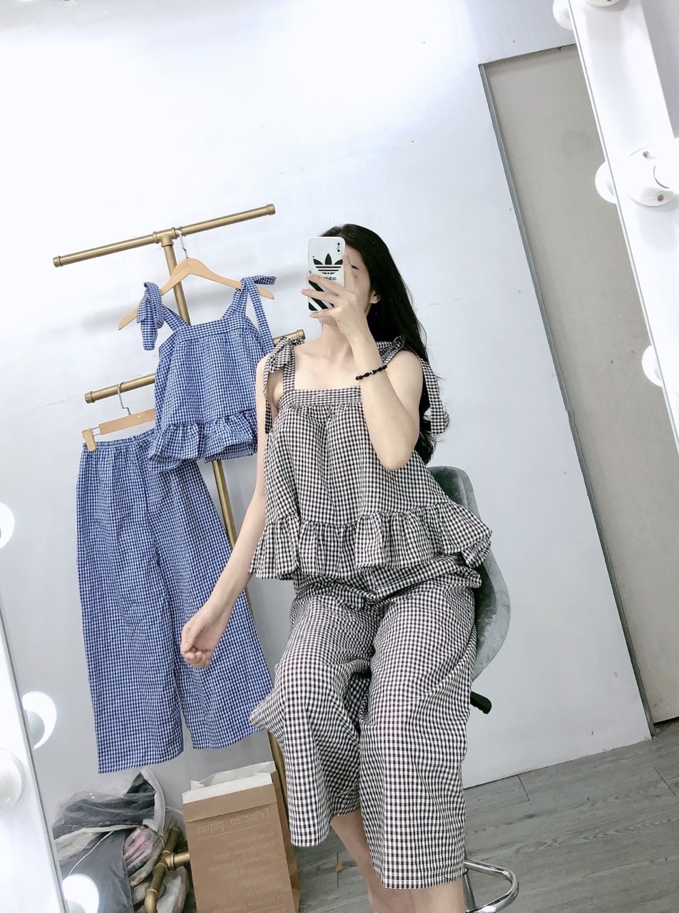 Đồ Bộ Nữ Kẻ Sọc Caro Thắt 2 Nơ Vai Xinh Xắn Thời Trang
