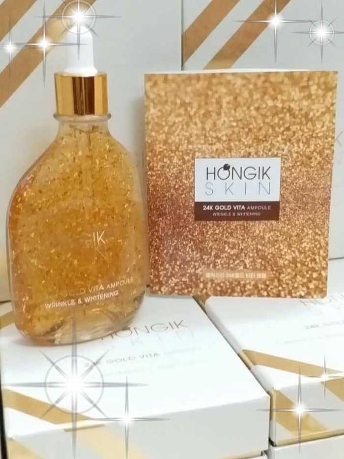 Tinh chất vàng non Hongik Skin 24k Gold Vita Ampoule Wrinkle giúp sản sinh colagen trong da tạo sự đàn hồi cho da.