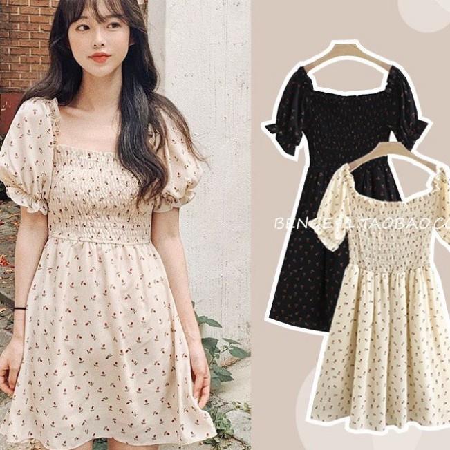 Váy hoa nhí xòe cổ vuông trễ vai ngắn tay chun ngực ulzzang