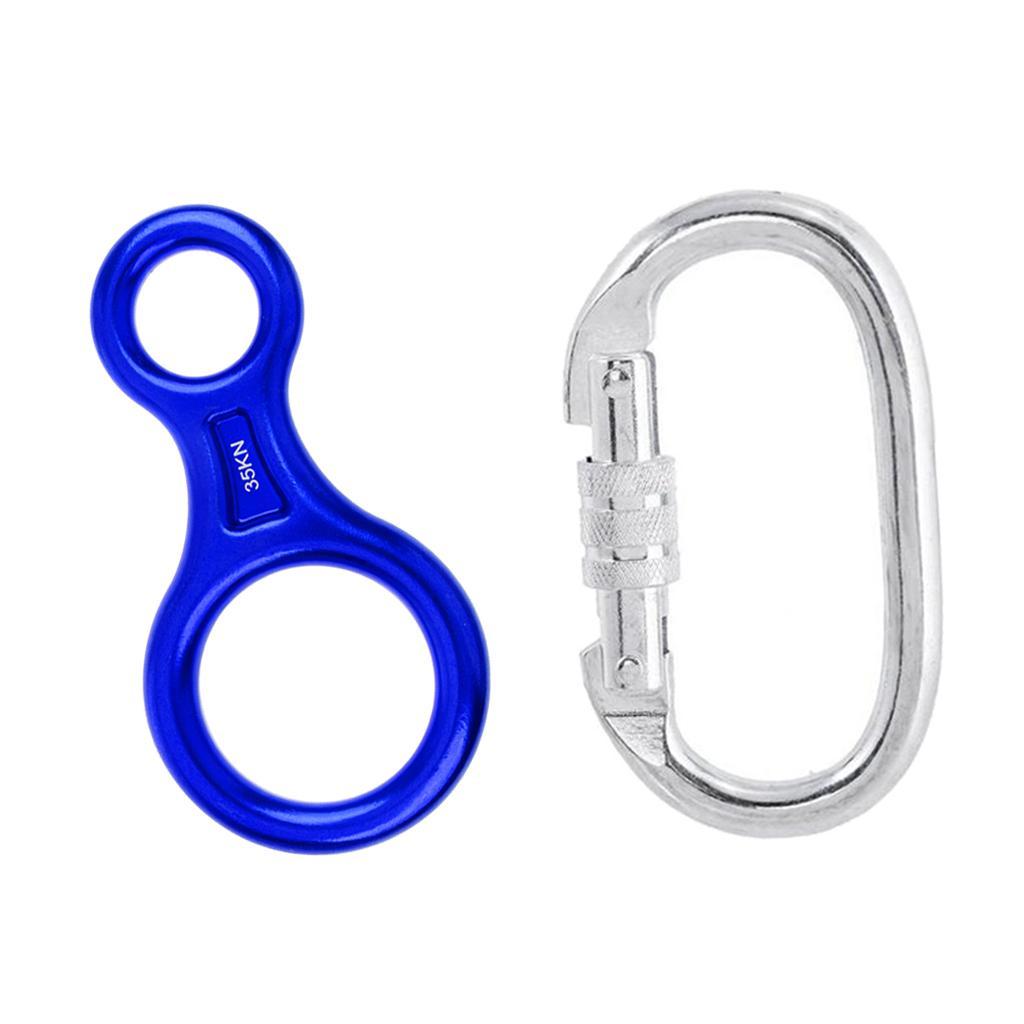 Heavy Duty Carbon Steel 25KN Screw Lock Carabiner + 35KN Figure 8 Belay Descender Device Outdoor Rock Climbing Rappelling Rescue