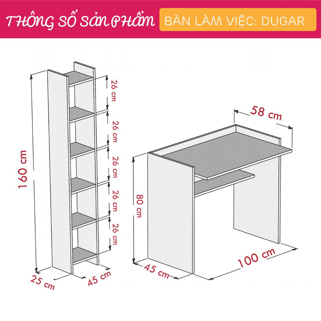 Bàn làm việc, bàn học gỗ hiện đại SMLIFE Dugar | Gỗ MDF dày 17mm chống ẩm | D100xR58xC80cm