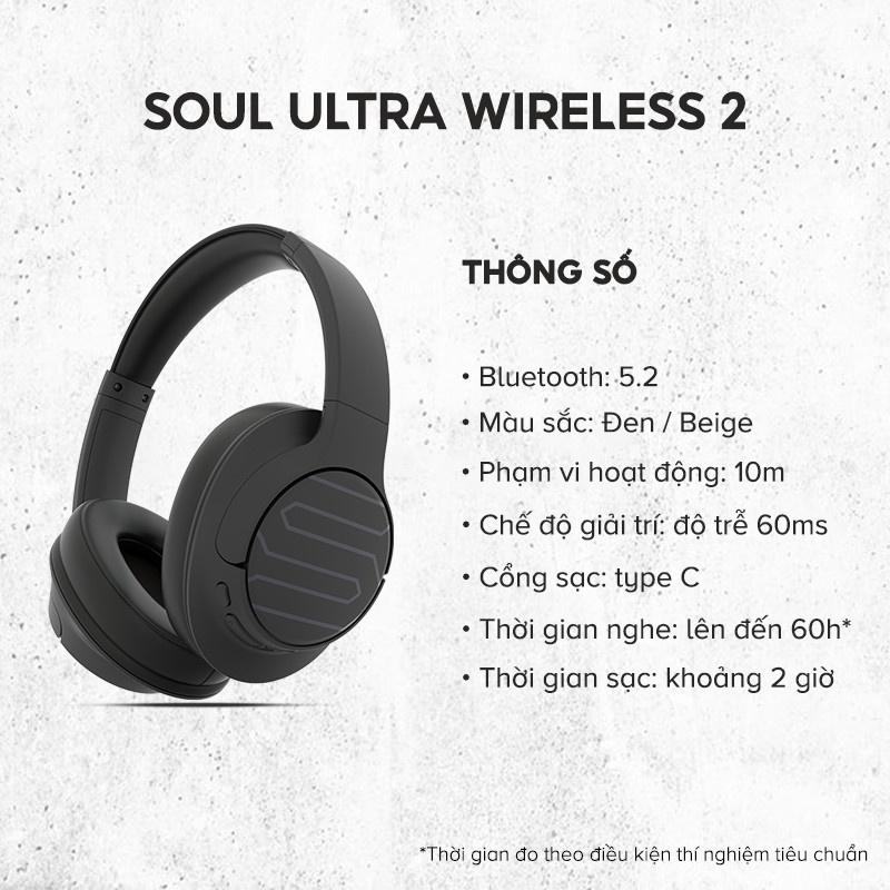 Tai Nghe Bluetooth Headphone Soul Ultra Wireless 2, Bluetooth 5.2, Độ trễ 60ms, Nghe Đến 60 Giờ - Hàng Chính Hãng