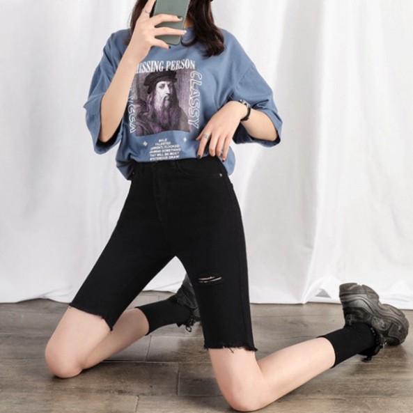 Quần Jeans Cạp Cao ĐEN TUYỀN/ Ngố Lửng Jeans Lưng Siêu Cao Trên Rốn - Rách 1 Đùi VẢI DÀY ĐẸP