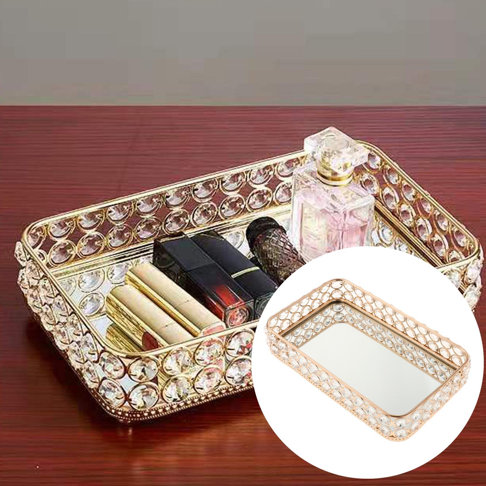 Mirrored Crystal Cosmetic Makeup Tray Jewelry Trinket Tray Organizer Home Bathroom Decor for Cosmetic Perfume Bottle Makeup Storage Organizer
