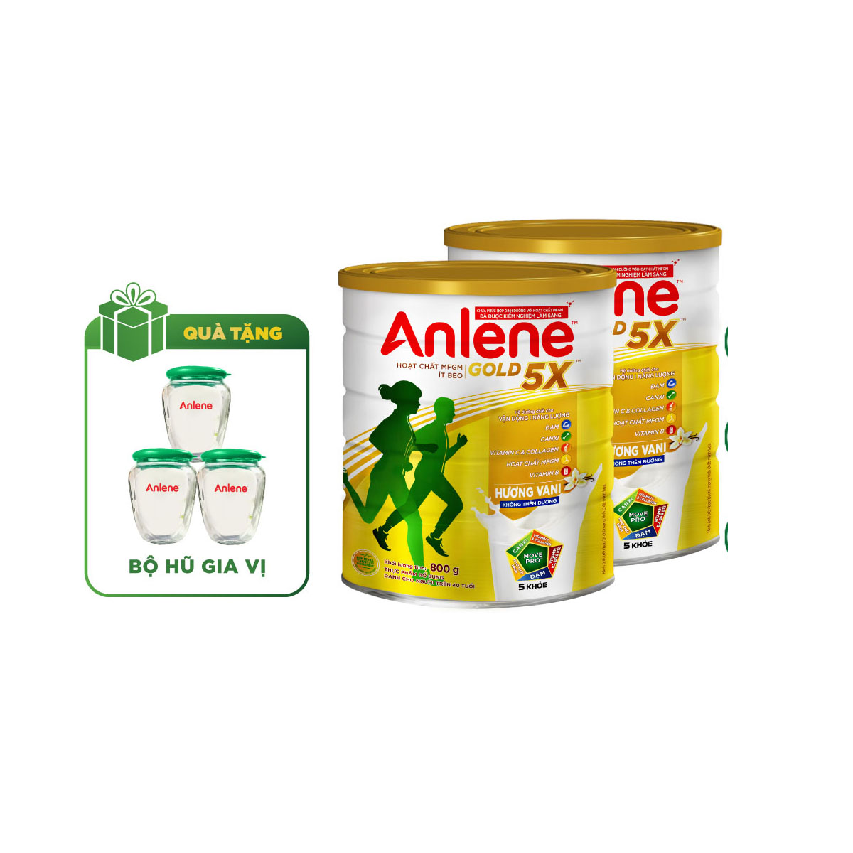 Combo 2 Sữa Bột Anlene Gold 5X Hương Vanilla (Hộp Thiếc 800g) tặng set 3 hũ gia vị