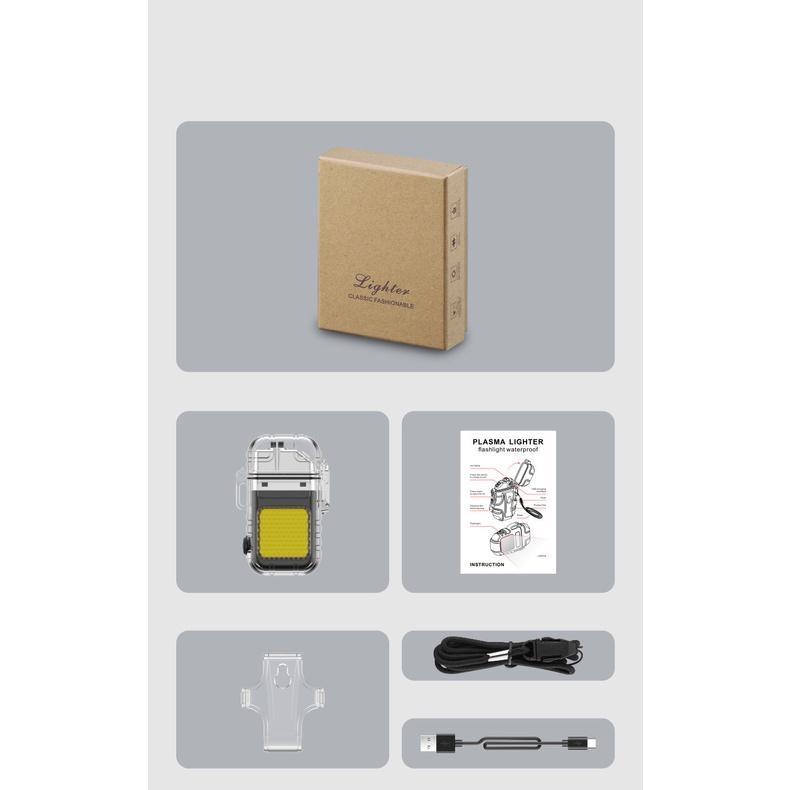 Bật Lửa Điện Trong Suốt Chống Nước Sạc USB-Type C - Tích Hợp Đèn Pin Siêu Sáng 3 Chế Độ