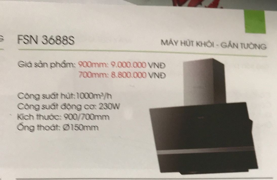 Máy hút mùi, hút khói toa kính Faster FSN 3688S 70, hút mạnh mẽ 1000m3/h, hàng chính hãng