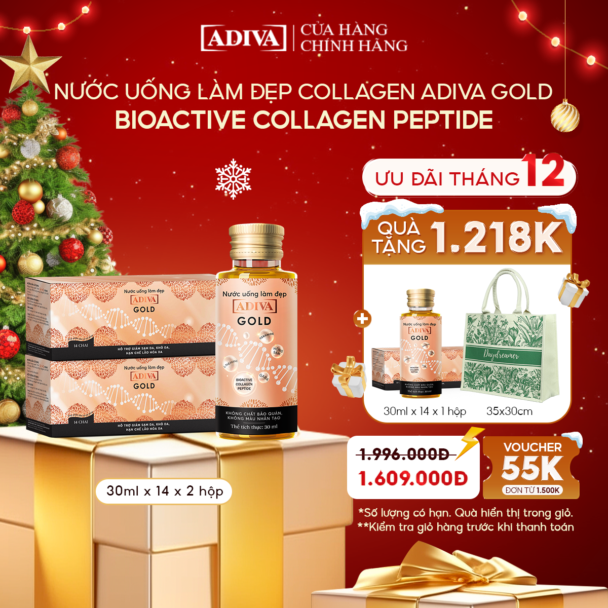 2 Hộp Nước Uống Làm Đẹp Collagen ADIVA Gold (14Chai/ Hộp)- Giúp Làn Da Căng Mịn, Giảm Nếp Nhăn Và Chống Lão Hóa