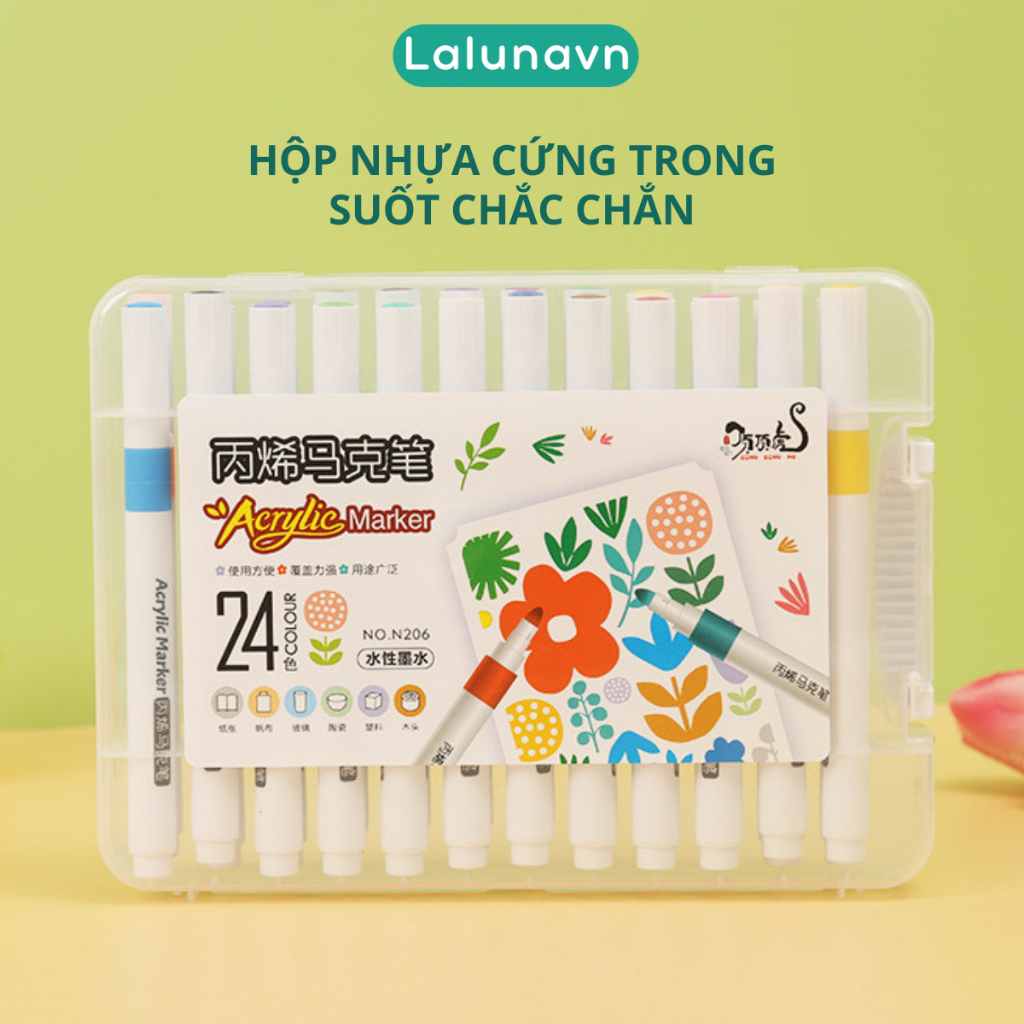 Bút Màu marker Acrylic sơn đánh dấu Lalunavn nhiều mực hơn 50% bộ 12/24/36/48/60m hộp nhựa xách tiện dụng B196