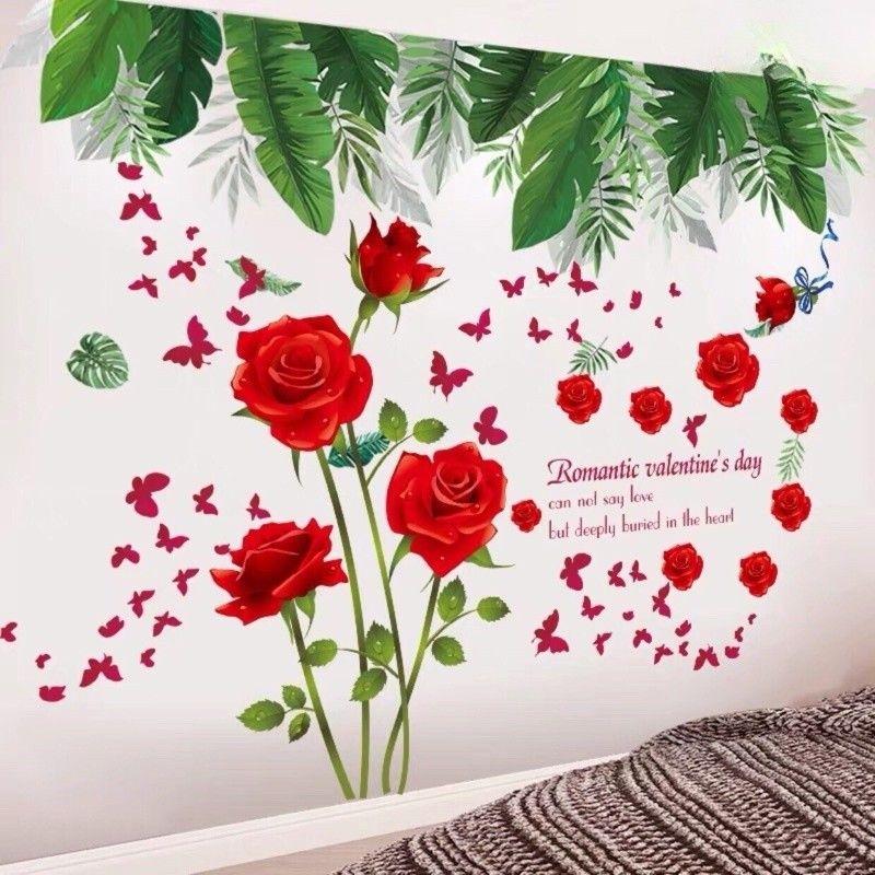 Decal dán tường hoa hồng đỏ và tán lá xanh