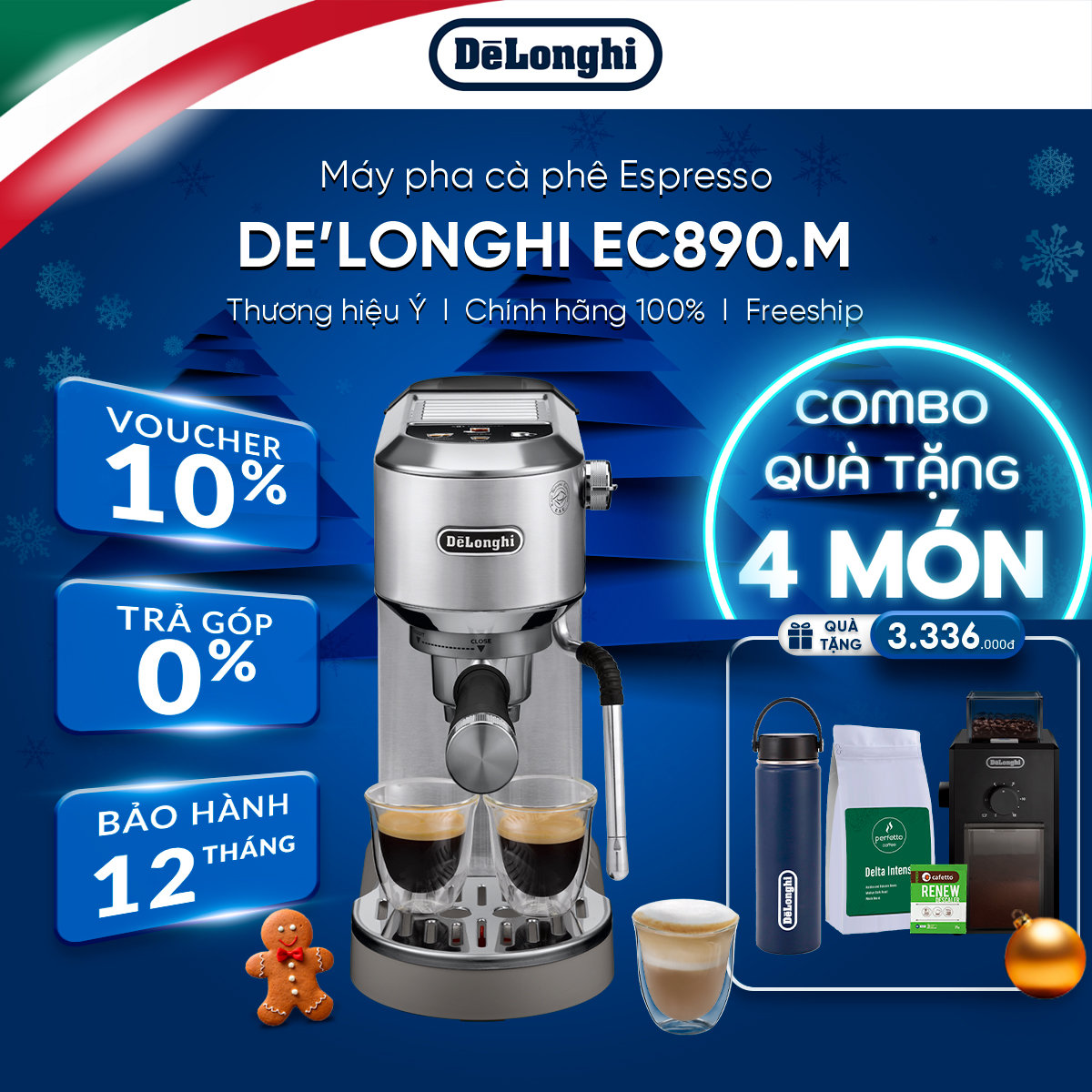 Máy pha cà phê espresso DeLonghi Dedica Duo EC890.M - Hàng Chính Hãng