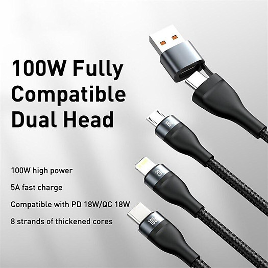 Dây sạc 3 đầu pd 100w qc4.0 Baseus lightling type c micro usb - cáp sạc 3 in 1 dài 1.2m cho iphone samsung xiaomi,...vv - hàng chính hãng