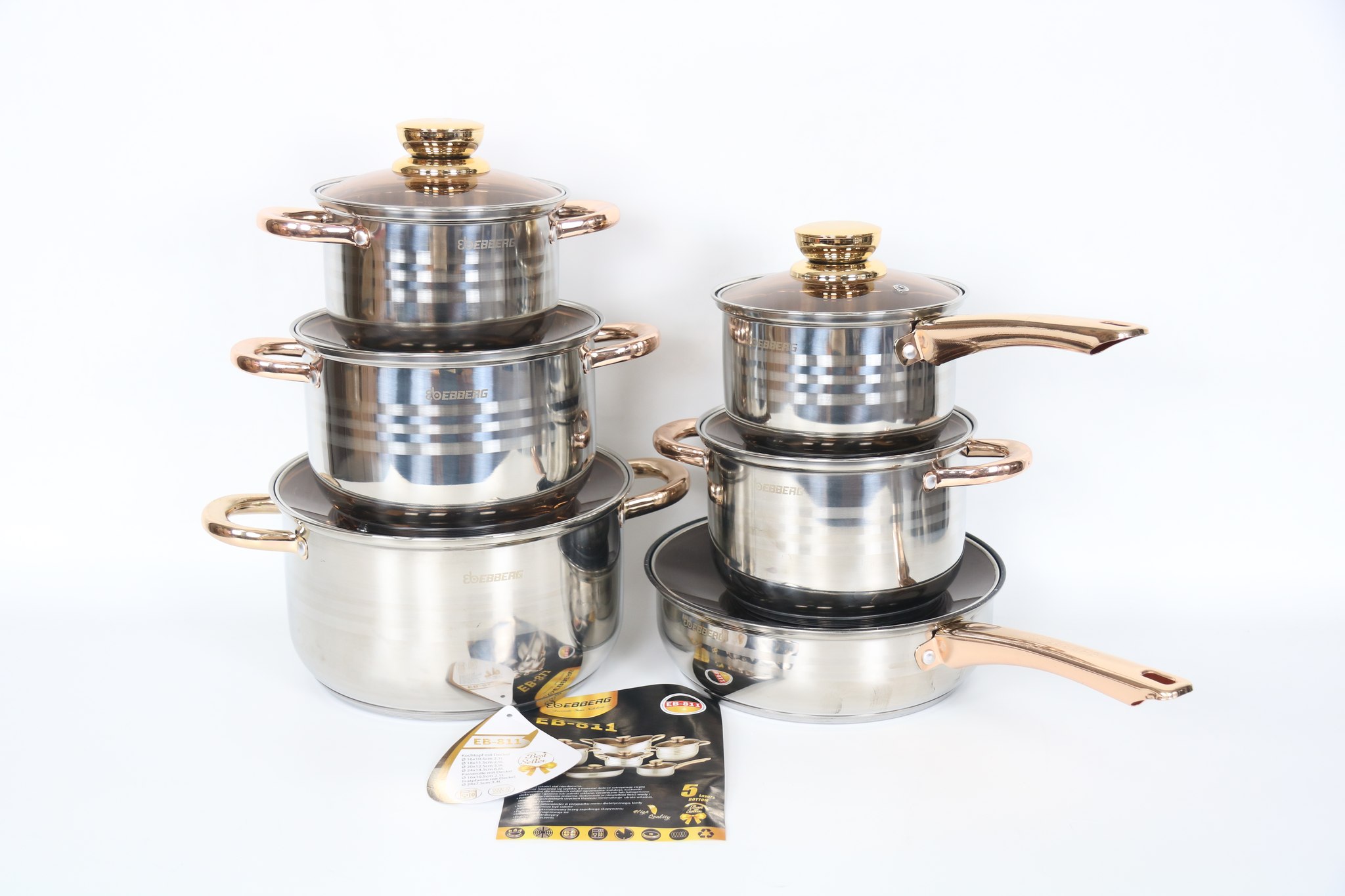 Bộ 6 Nồi Chảo Inox 5 Đáy Eb EBBERG EB-811 (EB-813/EB-8013/EB-8013B) Dùng Mọi Bếp - Hàng Chính Hãng