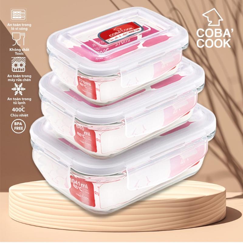 Bộ 3 hộp đựng cơm trữ thức ăn thực phẩm thủy tinh chịu nhiệt COBACOOK hộp chữ nhật- CCL3L6L13