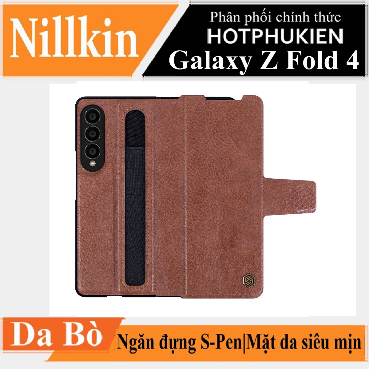 Case Bao Da Chống Sốc Cho Samsung Galaxy Z Fold 4 Trang Bị Ngăn Đựng S - Pen Hiệu Nillkin Aoge Leather Cover Case Bảo Vệ Máy Cực Tốt, Chất Liệu Da Thật Cao Cấp, Thiết Kế Thời Trang Cá Tính - Hàng Nhập Khẩu - Nâu