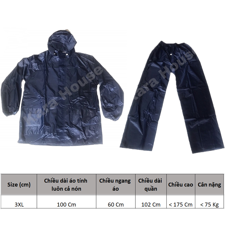 Áo Mưa Bộ Vải Dù Cho Người Lớn Tay Chun Có Nón, Phản Quang Kara house size 2XL-3XL