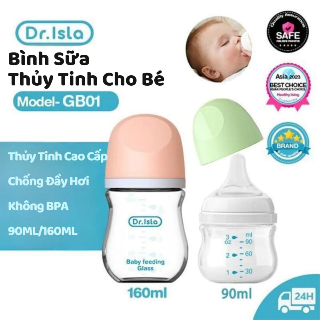 Dr.Isla Bình Sữa Thủy Tinh Cho Bé Sơ Sinh Không BPA Chịu Nhiệt Tốt 90ml/160ml GB01/GB02