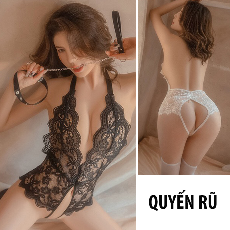 Váy ngủ bodysuit dây cột cổ xẻ đáy sexy Q531 - Đầm ngủ ren bodysuit xẻ đáy - Bodysuit ngủ nữ