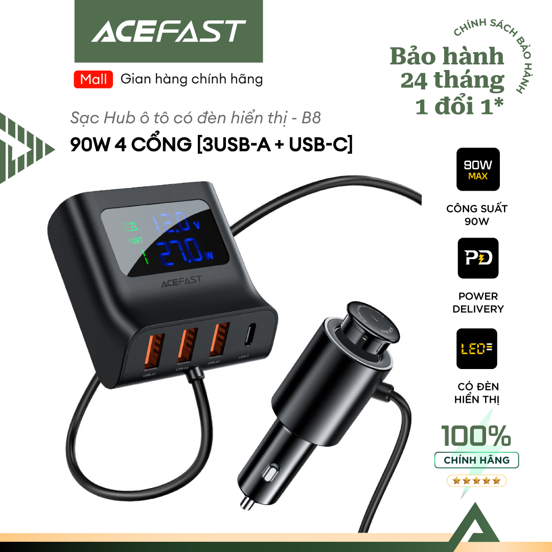 Sạc Hub ô tô Acefast 90W 4 cổng 3xUSB-A + USB-C có đèn hiển thị - B8 Hàng chính hãng Acefast